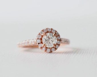 Round Diamond Halo Engagement Ring with Secret Diamonds, 14K Rose Gold