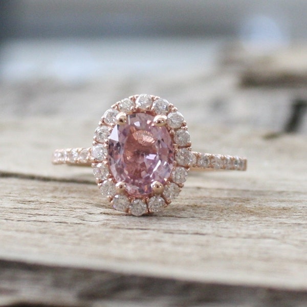 ON HOLD - 1.52 Cts. Peach Pink Sapphire Diamond Halo Ring in 14K Rose Gold