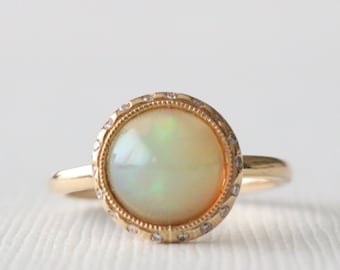 Australian Fiery Opal Diamond Bezel Ring, Opal Engagement Ring, Opal Wedding Ring, Australian Opal Ring in 14K Yellow Gold