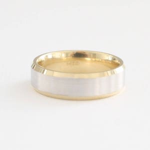 Handmade Beveled Men&#39;s Wedding Band, Men&#39;s Wedding Ring in 14K Two Tone White and Yellow Gold