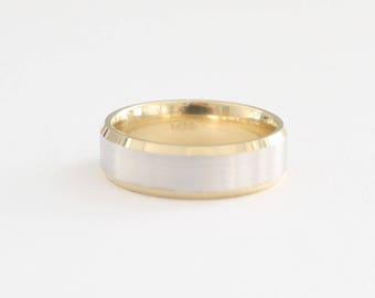 Handmade Beveled Men's Wedding Band, Men's Wedding Ring in 14K Two Tone White and Yellow Gold