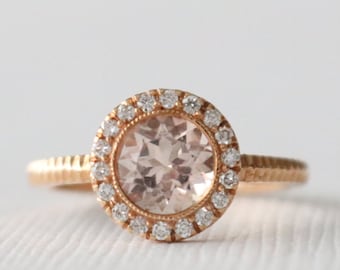 Morganite Milgrain Diamond Halo Engagement Ring, Pink Gemstone Wedding Ring in 14K Rose Gold