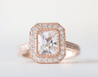 Radiant Cut White Sapphire Diamond Halo Engagement Ring in 14K Rose Gold, Diamond Alternative Wedding Ring, Handmade Colorless Gemstone Ring