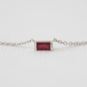 Baguette Cut Ruby Bar Necklace, July Birthstone Necklace in 14K White Gold