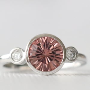 Pink Tourmaline and Diamond Bezel Ring, Tourmaline Ring, Tourmaline Jewelry, Pink Tourmaline Ring, 3 Stone Bezel Ring in 14K White Gold