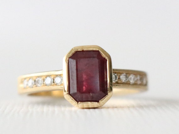Emerald Cut Ruby Bezel Diamond Ring July Birthstone Ring | Etsy
