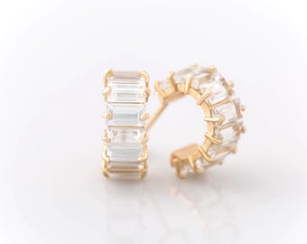 14K Gold Huggie Hoop Earrings, White Topaz Baguette Studs