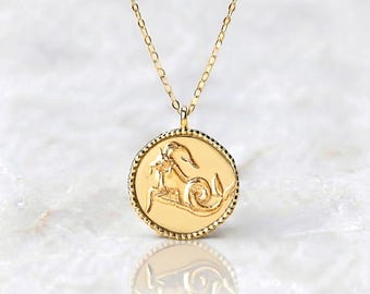 14K Gold Capricorn Zodiac Pendant Necklace, Celestial Medallion, Handmade Jewelry