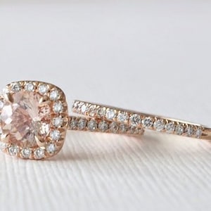 SET - Morganite Diamond Halo Engagement Ring and Matching Diamond Eternity Wedding Band, Morganite Wedding Ring Set in 14K Rose Gold