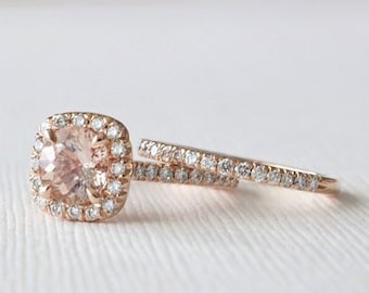 SET - Morganite Diamond Halo Engagement Ring and Matching Diamond Eternity Wedding Band, Morganite Wedding Ring Set in 14K Rose Gold