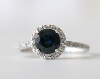 Round Brilliant Cut Blue Sapphire Diamond Halo Engagement Ring, Blue Gemstone Wedding Ring in 14K White Gold Handmade Design by Studio 1040