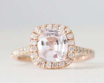 1.36 Cts. Cushion Light Pink Sapphire Diamond Halo Ring, Peach Sapphire Engagement Ring, Gemstone Wedding Ring in Handmade 14K Rose Gold