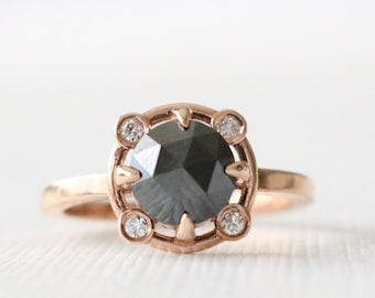 Natural Black Rose Cut Diamond Bezel Engagement Ring in 14K Rose Gold