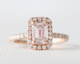 Emerald Cut Peach Sapphire Diamond Halo Half Eternity Engagement Ring, Peach Gemstone Wedding Ring in 14K Rose Gold