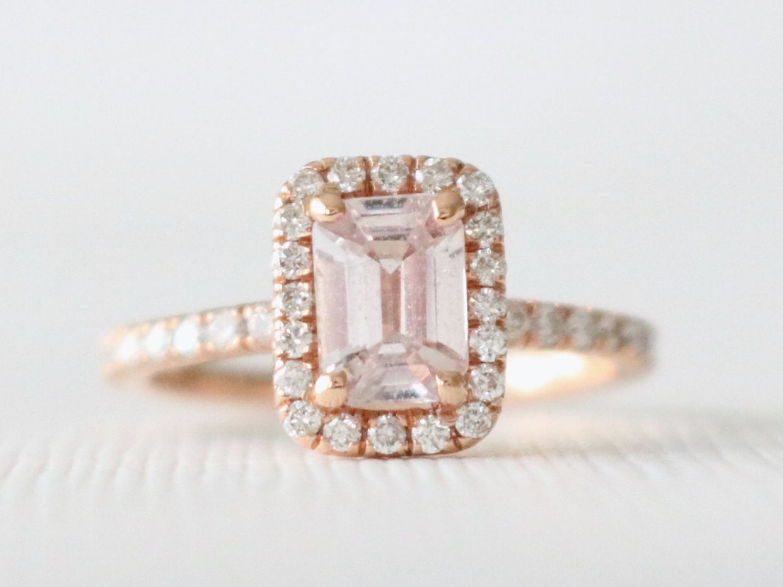 Emerald Cut Champagne Peach Sapphire Diamond Halo Ring in 14K | Etsy