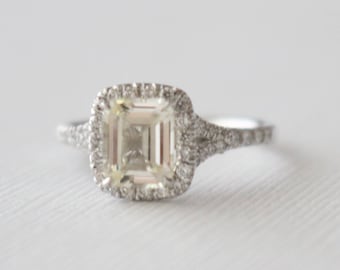 GIA Emerald Cut lichtgele saffier diamanten haloring - 14 kt witgoud
