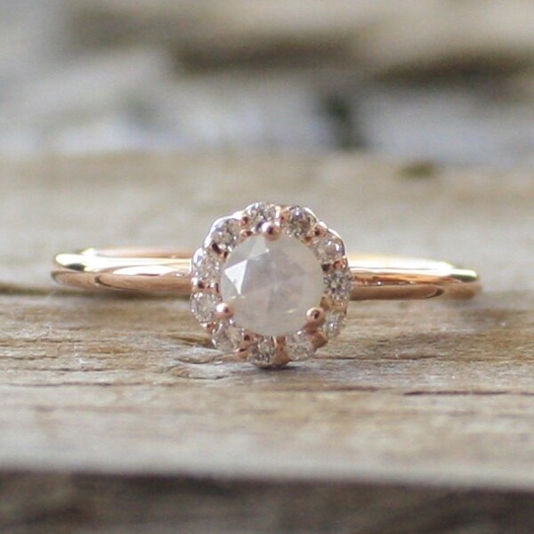 Round Rose Cut Light Gray Diamond Halo Ring in 14K Rose Gold