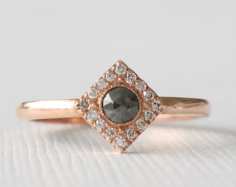 Diamond Shaped Rose Cut Black Diamond Halo Ring 14K Rose Gold