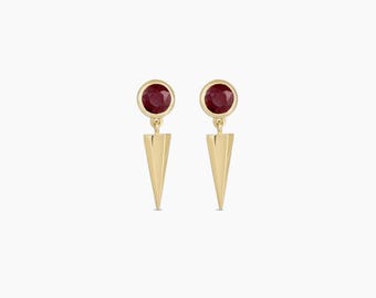14K Yellow Gold Round Ruby Bezel Dagger Dangle Stud Earrings