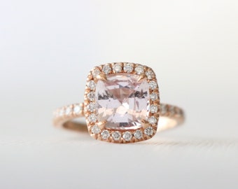 GIA Certified 2 Cts. Cushion Peach Pink Sapphire Diamond Halo Half Eternity Engagement Ring, Peach Pink Gemstone Ring in 14K Rose Gold