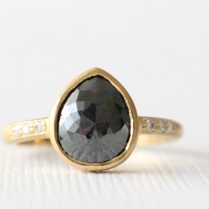 Pear Rose Cut Black Diamond Ring: 18K Yellow Gold Pave Band