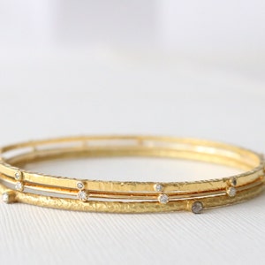 SET 3 Solid Gold Diamond Stacking Bangle Bracelets in 18K Solid Gold image 2