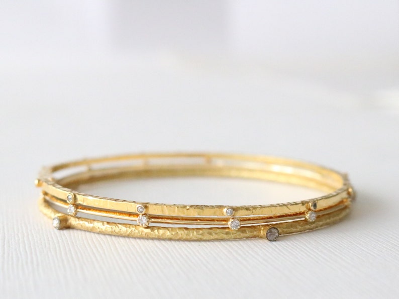 SET 3 Solid Gold Diamond Stacking Bangle Bracelets in 18K Solid Gold image 2