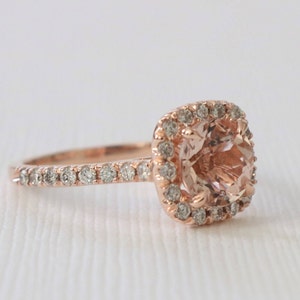 SET Morganite Diamond Halo Engagement Ring and Matching Diamond Eternity Wedding Band, Morganite Wedding Ring Set in 14K Rose Gold image 3