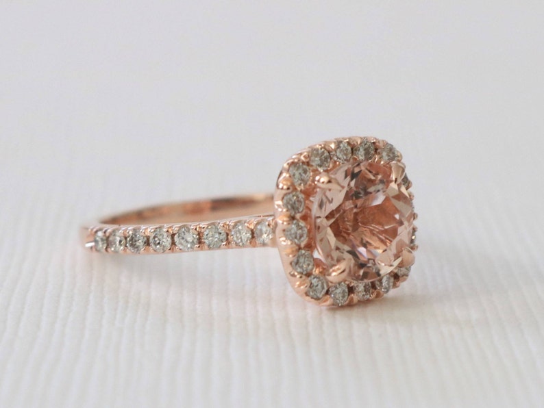 SET Morganite Diamond Halo Engagement Ring and Matching Diamond Eternity Wedding Band, Morganite Wedding Ring Set in 14K Rose Gold image 3