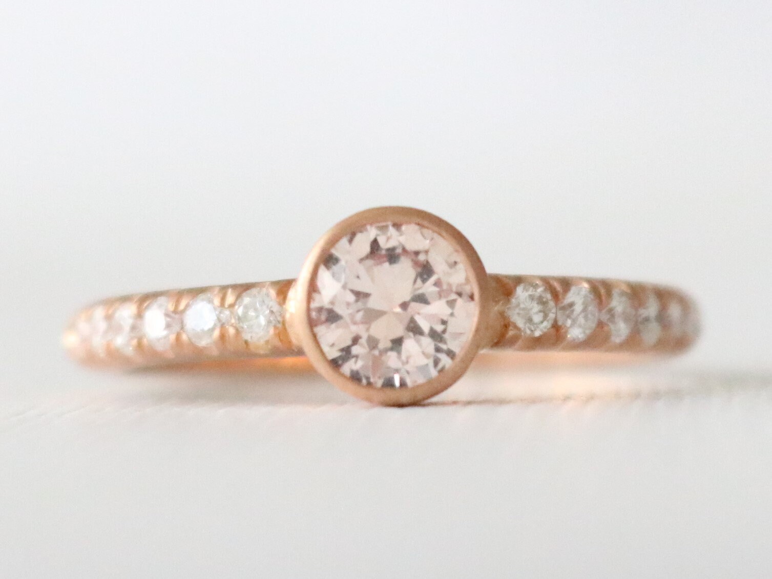 Round Peach Sapphire Bezel Diamond Ring in 14K Rose Gold Design by Studio 1040