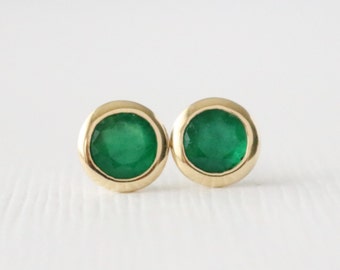 Genuine Colombian Emerald Earrings, Emerald Studs, May Birthstone Earrings, Natural Emerald Earrings, Emerald Bezel Studs 14K Yellow Gold