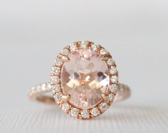 Oval Morganite Diamond Halo Half Eternity Engagement Ring, Pink Gemstone Wedding Ring in 14K Rose Gold