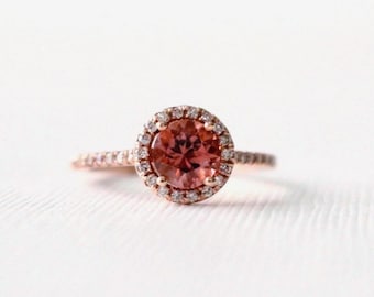 Rubellite Pink Tourmaline Diamond Halo Engagement Ring - 14K Rose Gold