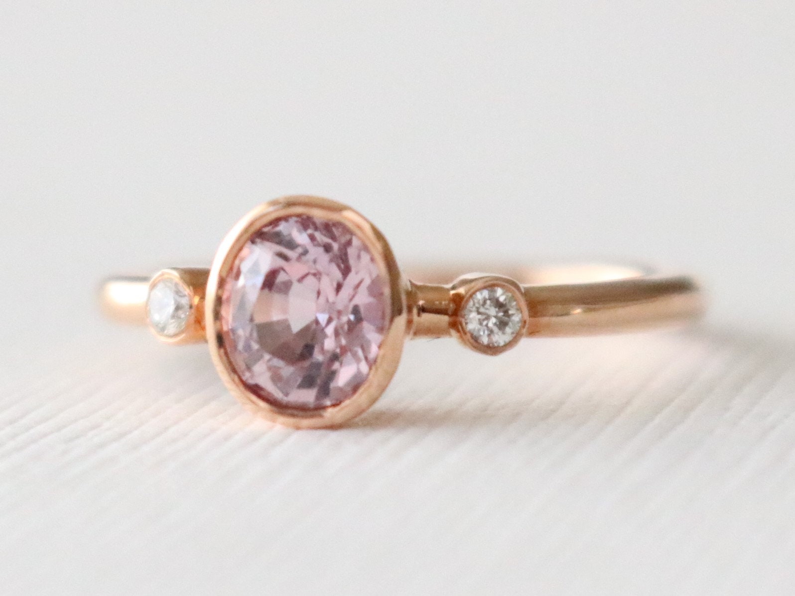 Oval Pink Sapphire Diamond 3-Stone Bezel Engagement Ring | Etsy