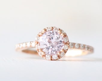 Round Peach Pink Sapphire Diamond Halo Engagement Ring, Handmade Peach Pink Gemstone Wedding Ring in 14K Rose Gold