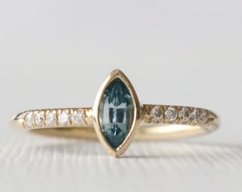 Marquise Cut Blue Zircon Bezel Diamond Ring, Blue Zircon Engagement Ring, Blue Zircon Jewelry, Bluestone Ring in 14K Yellow Gold