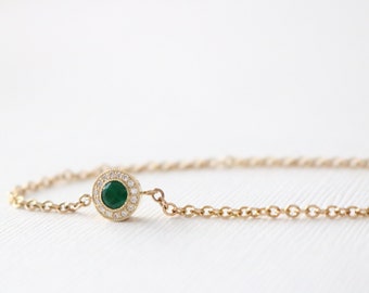 Emerald Diamond Halo Bracelet: 14K Yellow Gold May Birthstone