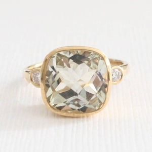3 Stone Green Amethyst Bezel and Diamond Ring in 14K Yellow Gold