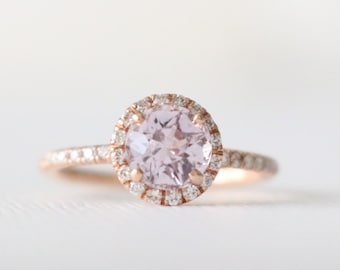 Round Pink Sapphire Diamond Halo Half Eternity Engagement Ring, Handmade Pink Gemstone Wedding Ring in 14K Rose Gold