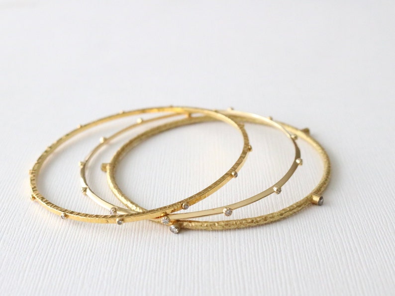 SET 3 Solid Gold Diamond Stacking Bangle Bracelets in 18K Solid Gold image 3