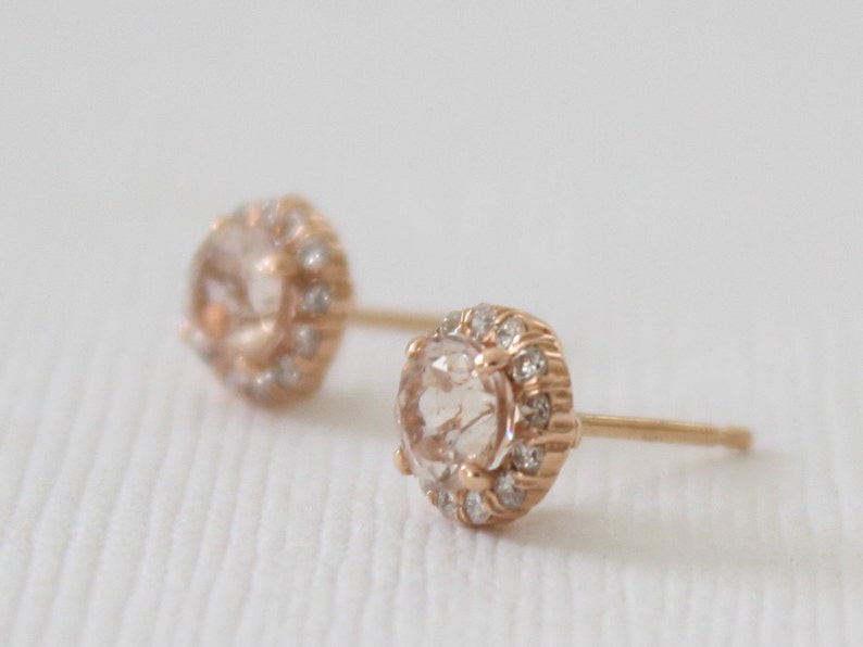 Round Morganite Diamond Halo Stud Earring Handmade Pink | Etsy