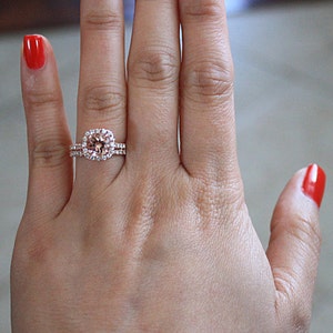 SET Morganite Diamond Halo Engagement Ring and Matching Diamond Eternity Wedding Band, Morganite Wedding Ring Set in 14K Rose Gold image 6
