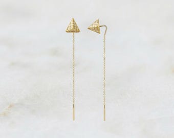 Diamond Pyramid Dangle Threader Earrings: 14K Yellow Gold Geometric Jewelry