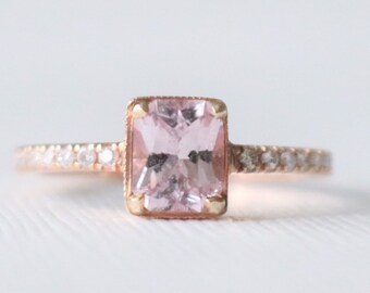 GIA Certified Pink Sapphire Diamond Solitaire Half Eternity Engagement Ring, Handmade Pink Gemstone Wedding Ring in 14K  Rose Gold