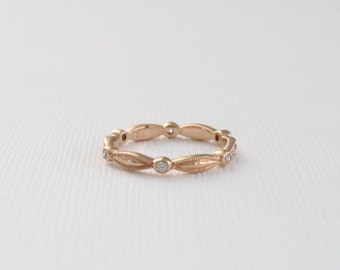 Diamond Milgrain Ribbon Eternity Wedding Ring, Unique Handmade Diamond Stacking Band in 14K Rose Gold