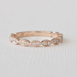 2/3 Eternity Milgrain Marquise Diamond Scalloped Bezel Wedding Ring, Dainty Minimalist Stacking Diamond Wedding Band in 14K Rose Gold