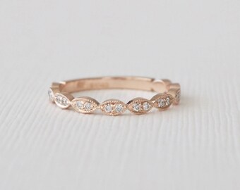 2/3 Eternity Milgrain Marquise Diamond Scalloped Bezel Wedding Ring, Dainty Minimalist Stacking Diamond Wedding Band in 14K Rose Gold