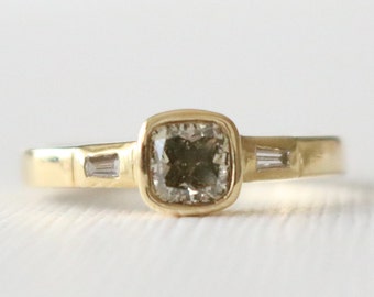 Cushion Champagne Diamond 3 Stone Baguette Bezel Ring, Alternative/Modern Diamond Engagement Ring in 14K Yellow Gold by Studio 1040