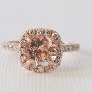 SET Morganite Diamond Halo Engagement Ring and Matching Diamond Eternity Wedding Band, Morganite Wedding Ring Set in 14K Rose Gold image 2