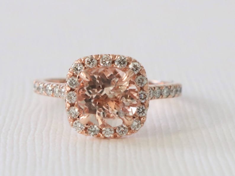 SET Morganite Diamond Halo Engagement Ring and Matching Diamond Eternity Wedding Band, Morganite Wedding Ring Set in 14K Rose Gold image 2